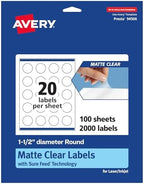 Avery® Matte Clear Round Labels, Sure Feed® Technology, 1.5" Diameter, 2,000 Matte Clear Labels, Print-to-The-Edge, Laser/Inkjet Printable