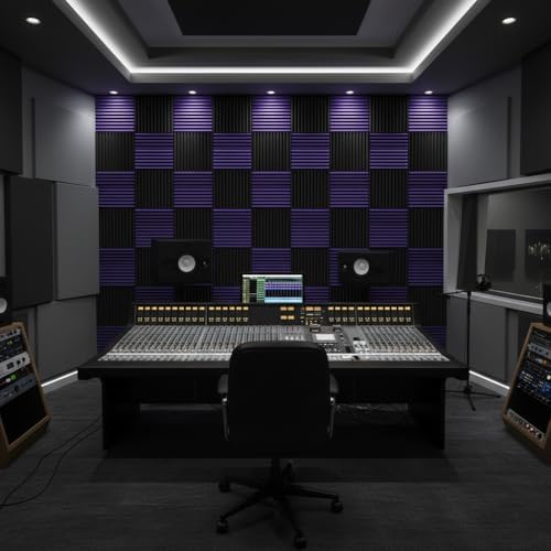 52 Pack 12 "X 12 "X1" Acoustic Panels Studio Soundproofing Foam Wedge Tiles(Accompanied By Double-Sided Adhesive Tape) (24Black+24purple)