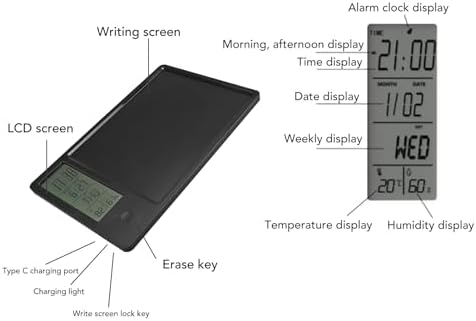 LCD Doodle Board 10 Inch Erasable Writing Pad with Digital Clock for Kids and Adults (Black)
