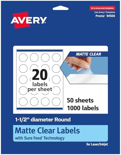 Avery® Matte Clear Round Labels, Sure Feed® Technology, 1.5" Diameter, 1,000 Matte Clear Labels, Print-to-The-Edge, Laser/Inkjet Printable