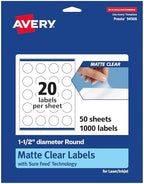 Avery® Matte Clear Round Labels, Sure Feed® Technology, 1.5" Diameter, 1,000 Matte Clear Labels, Print-to-The-Edge, Laser/Inkjet Printable