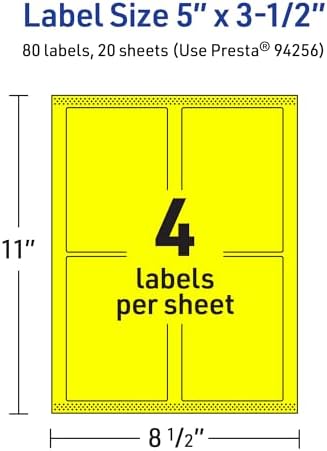 Avery Printable Rectangle Labels, Sure Feed Technology, 5" x 3-1/2", Neon Yellow Labels, Laser/Inkjet Printable, 80 Total, Great for Shipping and Packaging