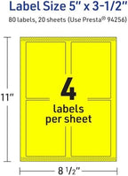 Avery Printable Rectangle Labels, Sure Feed Technology, 5" x 3-1/2", Neon Yellow Labels, Laser/Inkjet Printable, 80 Total, Great for Shipping and Packaging
