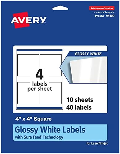 Avery Glossy White Square Labels, Sure Feed Technology, 4" x 4", 40 Glossy White Labels, Permanent Adhesive, Laser/Inkjet Printable