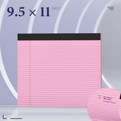 6 Pack Note Pads 11" x 9.5" Colored Legal Pads College Ruled Pink Notepad Perforated Writing Pads 80GSM Lined Paper Pads of College Ruled Paper 30 Sheets Notebook To Do List for School, Office, Home