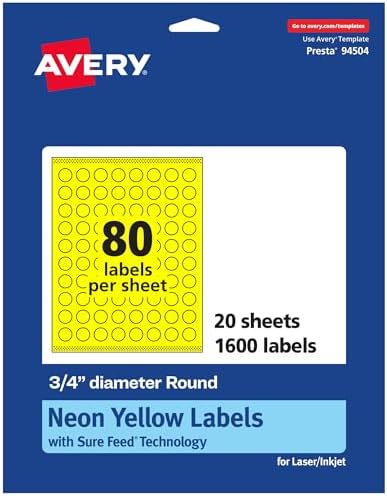 Avery Printable Round Labels, Sure Feed Technology, 3/4" Diameter, Neon Yellow Labels, Print-to-the-Edge, Laser/Inkjet, 1,600 Total, Great for Price Stickers and Mailing Seals