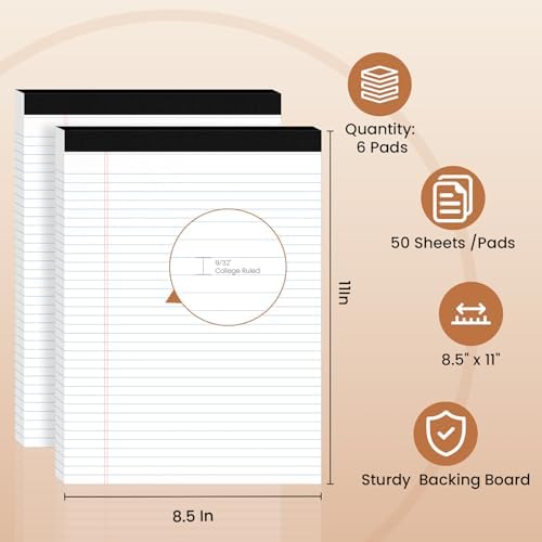 6pcs Legal Pads 8.5 x 11, Perforated White Notepad 8.5x11, 50Sheets/Pad