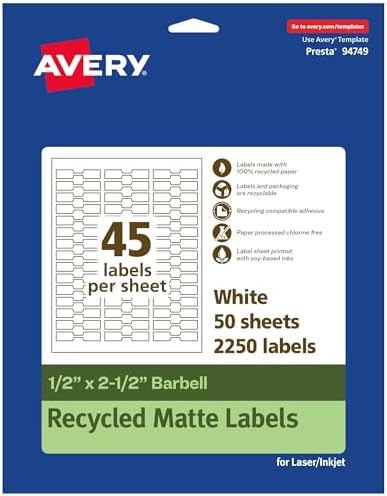 Avery® EcoFriendly Matte White Recycled Barbell Labels, 0.5" x 2.5", Matte White Labels, Permanent Adhesive, Laser/Inkjet Printable, 2,250 Total