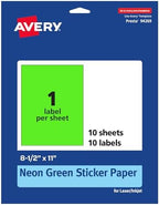 Avery Printable Sticker Paper, 8-1/2" x 11", Full-Sheet Labels, Neon Green Labels, Laser/Inkjet Printable, 10 Total, Great for Packaging and Stickers