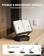 Adjustable Book Stand with Storage Drawer, 360° Rotating Book Holder, Height & Angle Adjustable, Extra-Wide Page Clips for Thick Books, Wood & Aluminum Book Stand for Desk, Study, Kitchen