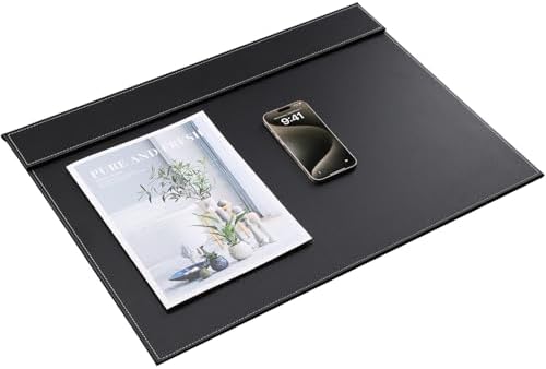 KINGFOM Ultra-Smooth PU Leather Desk Pad & Mat Office Desk Drawing & Writing Board A3/ A4 File Paper Clip Table Protector Mat on Top Large 24''x18'' (Black)