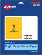 Avery Printable Sticker Paper, 8-1/2" x 11", Full-Sheet Labels, Bright Yellow Labels, Laser/Inkjet Printable, 10 Total, Great for Packaging and Stickers