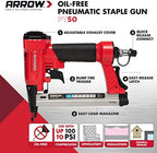 Arrow PT50 Oil-Free Pneumatic Staple Gun, Heavy-Duty Stapler, Red