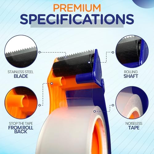 Packing Tape with Dispenser, Heavy-Duty Clear BOPP, Strong Adhesive, 48 mm x 66.6 yd, 4 Rolls + 2 Dispensers