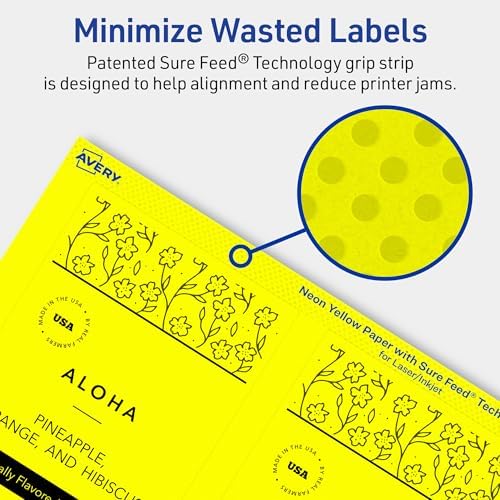 Avery Printable Rectangle Labels, Sure Feed Technology, 5" x 3-1/2", Neon Yellow Labels, Laser/Inkjet Printable, 80 Total, Great for Shipping and Packaging
