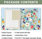Rouidr 3 Ring Binder with clipboard, 1 inch 8.5 x 11 in Letter Size View Binders Organizer with Dividers Tabs & Clear Sleeves, School Supplies, Office Supplies, Green Flower