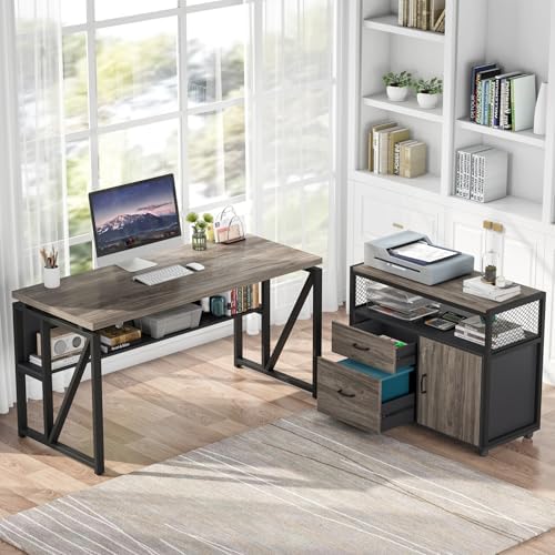 Tribesigns Office Desk with Drawers Sets, 55 inches L Shaped Computer Desk with Mobile File Cabinet,Big Executive Desk for Home Office Furniture Sets (Dark Oak, 55-inch)