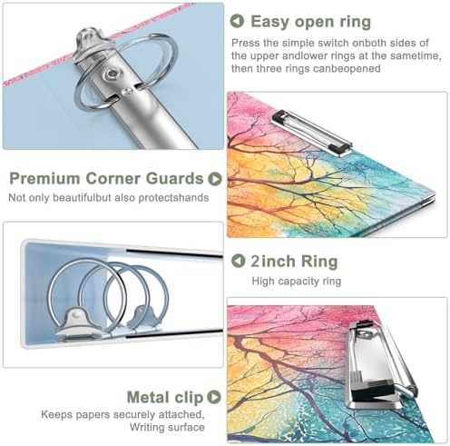 Rouidr 3 Ring Binder, 2 Inch Round Ring Binder Organizer with Clipboard, 5 Dividers Tabs, A4 8.5 x 11 Inch Paper & Clear Sleeves for School, Office Supplies