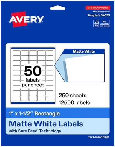 Avery Matte White Rectangle Labels, 1" x 1.5", Sure Feed Technology, Laser/Inkjet Printer Compatible, 12500 Printable Labels Total, Great for Branding, Packaging, and More