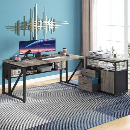Tribesigns L Shaped Desk with Drawer Cabinet, 63" Executive Computer Desk and lateral File Cabinet, 2 Piece Home Office Furniture with Drawers for Hanging File, Doors with Locks (Gray, 63 inches)