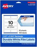 Avery® Printable Durable White Rectangle Labels, Sure Feed® Technology, 1.5" x 3.75", Print-to-the-Edge, Waterproof Labels, Laser & Pigment-Based Inkjet Compatible, 100 Total