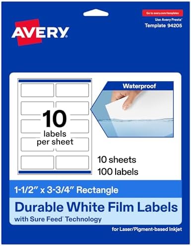 Avery® Printable Durable White Rectangle Labels, Sure Feed® Technology, 1.5" x 3.75", Print-to-the-Edge, Waterproof Labels, Laser & Pigment-Based Inkjet Compatible, 100 Total
