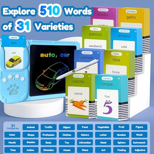 Writing Tablet with Bilingual Flash Cards for Kids, Italian Blue