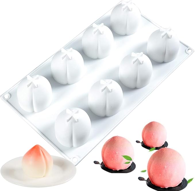 OCPO KITCHEN Peach Silicone Mold for Baking Mousse Cake, Fruit French Dessert, Pastry, Chocolate, Pudding, Jelly, Ice Cream, Cake Decoration Mold, 3D Peach Shape (8-cavity)