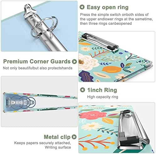 Rouidr 3 Ring Binder with clipboard, 1 inch 8.5 x 11 in Letter Size View Binders Organizer with Dividers Tabs & Clear Sleeves, School Supplies, Office Supplies, Green Flower