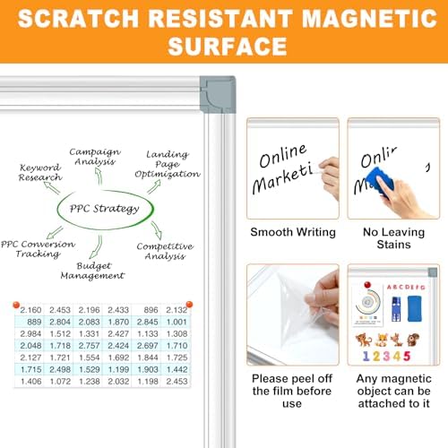 H-Qprobd White Board Dry Erase Whiteboard for Wall 24x18 (2pcs) Magnetic Boards for Office Classroom & Home, Small Wall Whiteboard Including 6 Markers, 10 Magnets, 2 Erasers & 10 Adhesive Hooks
