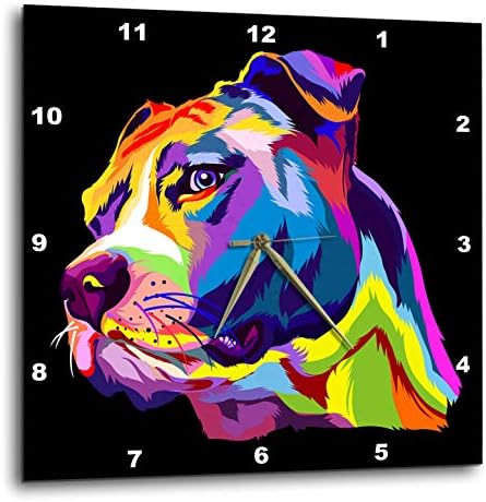 3dRose Wall Clock Silent - 10 inch - Colorful Portrait of a Pitbull Dog Doggy Pet - Dog