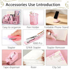 Office Supplies,Desk Accessories,Stapler and Tape Dispenser Set,1000 Staples,Staple Remover,Pen Holder,Folding Phone Holder,Journal Notebook,Ballpoint Pen,Scissor,Ruler,Clear Tape,Sticky Notes,Ect