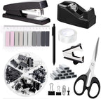 Office Supplies,Black Desk Accessories,Office Supplies Set,Stapler and Tape Dispenser Set,Scissors,Staple Remover,Binder Clips,Staples,Ballpoint Pen,Index Tabs with Ruler,Clear Tape.9pcs for Office
