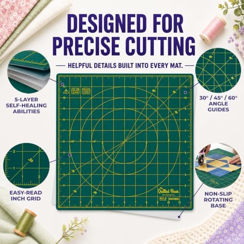 The Quilted Bear Rotating Cutting Mat 18" x 18" - Square 360° Rotating Self Healing Mat with Innovative Locking Mechanism for Quilting & Sewing Your Choice of Colours Available! (Green)