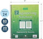Roaring Spring Graph Ruled Spiral Engineering Notebook, Engineering Graph Paper, 24 Pack, 5x5 Enclosed Grid, 8.5" x 11", 80 Perforated Sheets, 3 Hole Punched, Green Tinted Sheets, Made in USA