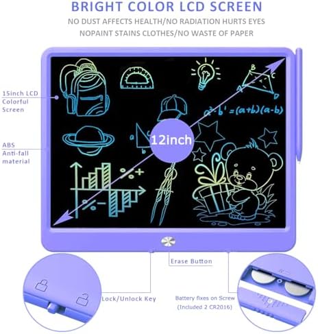 FLUESTON LCD Writing Tablet, Doodle Board Toys Gifts for 3-8 Year Old Girls Boys, 12 Inch Colorful Electronic Board Drawing Pad for Kids, Christmas Gifts for Toddler Educational Learning Travel,Purple