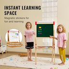 VEVOR Art Easel for Kids, 3-in-1 Wooden Double-Sided Kid's Art Easel with Magnetic Whiteboard, Chalkboard & Paper Roll, Adjustable Standing Drawing Board with Painting Accessories for Boys and Girls