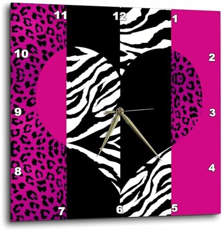 3dRose DPP_35437_3 Pink Black and White Animal Print Leopard and Zebra Heart Wall Clock, 15 by 15-Inch