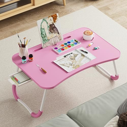 Lap Desk Bed Trays for Eating and Laptops Breakfast in Bed Tray for Sofa/Couch/Study/Reading/Writing with Cup Holder/Drawer On Low Sitting Floor Large Portable Foldable (Pink)