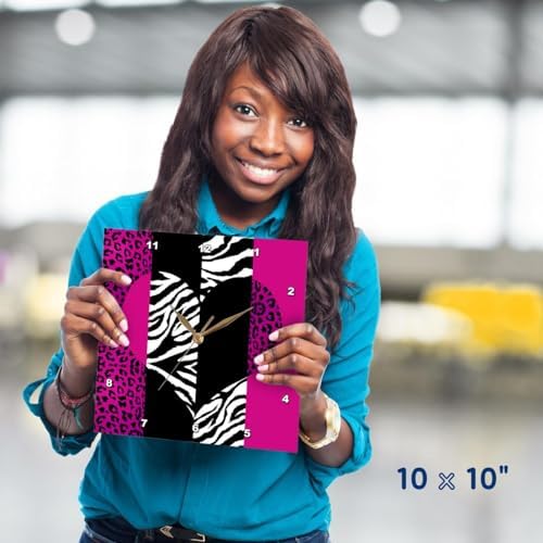 3dRose DPP_35437_3 Pink Black and White Animal Print Leopard and Zebra Heart Wall Clock, 15 by 15-Inch