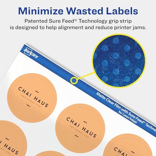 Avery Matte Clear Round Labels, Sure Feed Technology, 1.5" Diameter, 500 Matte Clear Labels, Print-to-The-Edge, Laser/Inkjet Printable