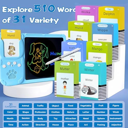Writing Drawing Tablet with Talking German Flash Cards - Blue