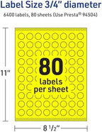 Avery Printable Round Labels, Sure Feed Technology, 3/4" Diameter, Neon Yellow Labels, Print-to-the-Edge, Laser/Inkjet, 6,400 Total, Great for Price Stickers and Mailing Seals