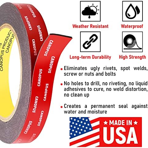 CANOPUS Double Sided Tape, 5952 Heavy Duty Mounting Tape, Strong Bond & Weatherproof Seal Strip for Automotive Mounting, Picture and Photo Frame, Poster, Craft, 0.75 in x 15 ft, Black, Made in USA