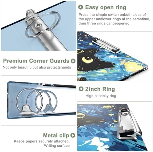 Rouidr 3 Ring Binder, 2 Inch Round Ring Binder Organizer with Clipboard, 5 Dividers Tabs, A4 8.5 x 11 Inch Paper & Clear Sleeves for School, Office Supplies