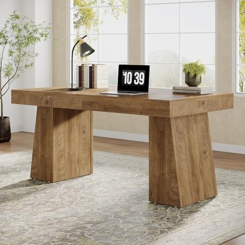 Tribesigns 55" Executive Desk, Wooden Office Desk with Double Pedestal, Modern Simple Computer Writing Table for Home Office, Light Brown