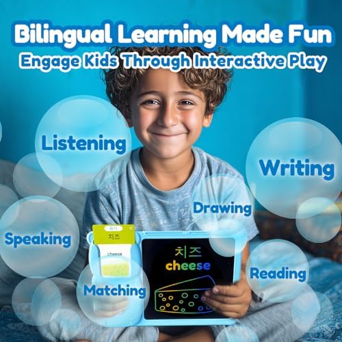 Writing Tablet with Bilingual Flash Cards for Kids, Korean, Blue