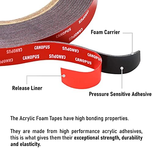 CANOPUS Double Sided Tape, 5952 Heavy Duty Mounting Tape, Strong Bond & Weatherproof Seal Strip for Automotive Mounting, Picture and Photo Frame, Poster, Craft, 0.50 in x 15 ft, Black, Made in USA