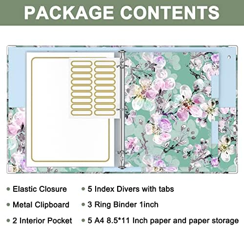 Rouidr 3 Ring Binder with clipboard, 1 inch 8.5 x 11 in Letter Size View Binders Organizer with Dividers Tabs & Clear Sleeves, School Supplies, Office Supplies, Plum Flower