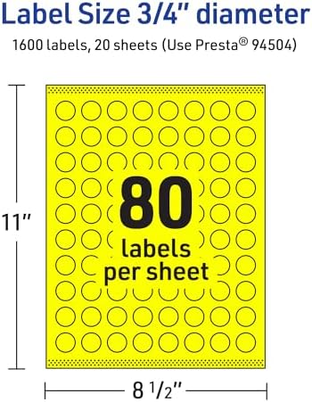 Avery Printable Round Labels, Sure Feed Technology, 3/4" Diameter, Neon Yellow Labels, Print-to-the-Edge, Laser/Inkjet, 1,600 Total, Great for Price Stickers and Mailing Seals